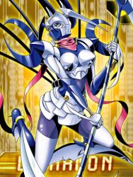Rule 34 | 1girl, arm guards, armor, blade, blue eyes, blue hair, bodysuit, boots, breastplate, card (medium), crescent, dianamon, digimon, digimon (creature), digimon collectors, female focus, helmet, high heels, kneeling, lowres, mask, miniskirt, monster girl, official art, olympos xii, pale skin, scarf, shoes, shoulder pads, sickle, skirt, solo, staff, thighhighs