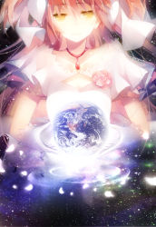 Rule 34 | 1girl, breasts, cleavage cutout, closed mouth, clothing cutout, collarbone, cupping hands, dot nose, earth (planet), flat chest, floating hair, flower, giant, giantess, gloves, glowing, glowing petals, hair between eyes, hair ribbon, half-closed eyes, highres, jewelry, kaname madoka, layered sleeves, light particles, light smile, long hair, looking at viewer, mahou shoujo madoka magica, mahou shoujo madoka magica (anime), nebula, necklace, own hands together, petals, pink flower, pink hair, pink rose, planet, raicy, ribbon, rose, sky, small breasts, solo, space, sparkle, star (sky), starry sky, two side up, ultimate madoka, very long hair, white gloves, white ribbon, wide sleeves, yellow eyes