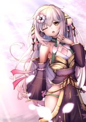 Rule 34 | 1girl, ;o, absurdres, armpit peek, bare shoulders, brown eyes, commentary request, copyright request, demimushi, detached sleeves, flower, grey hair, hair between eyes, hair flower, hair ornament, hand up, highres, huge filesize, long hair, long sleeves, looking at viewer, obi, one eye closed, open mouth, purple skirt, sash, skirt, sleeves past wrists, solo, very long hair, white flower, wide sleeves