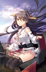 Rule 34 | 10s, 1girl, :d, bad id, bad pixiv id, bandages, black bow, black hair, bow, brown eyes, cannon, cloud, detached sleeves, eko, floating hair, frills, hair ornament, hairband, hairclip, haruna (kancolle), headgear, japanese clothes, kantai collection, long hair, looking at viewer, nontraditional miko, ocean, open mouth, outdoors, panties, pantyshot, pleated skirt, red ribbon, red skirt, ribbon, ribbon-trimmed sleeves, ribbon trim, rope, sarashi, sitting, skirt, sky, smile, solo, string, swept bangs, tassel, thigh strap, thighhighs, turret, underwear, white panties, yellow eyes