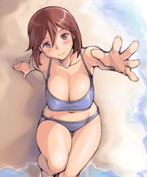 Rule 34 | 00s, 1girl, beach, bikini, blush, breasts, brown eyes, brown hair, cleavage, collarbone, hair ornament, hairclip, large breasts, navel, aged up, outstretched hand, rozen maiden, short hair, smile, solo, souseiseki, sweatdrop, swimsuit, thigh gap, thighs, tsuda nanafushi, water