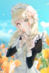 Rule 34 | 1girl, apron, black dress, blonde hair, blue sky, blurry, blurry background, blurry foreground, blush, buri (retty9349), closed mouth, covered mouth, day, depth of field, dress, flower, green eyes, hair flower, hair ornament, hands up, head tilt, highres, holding, holding flower, holding own hair, juliet sleeves, long hair, long sleeves, looking at viewer, maid, maid apron, maid headdress, original, outdoors, plant, puffy sleeves, sky, smile, solo, standing, white apron