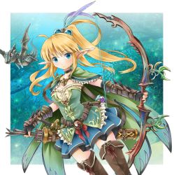 Rule 34 | 1girl, arrow (projectile), blonde hair, blue eyes, boots, bow (weapon), breasts, cape, choker, cleavage, dragon, elbow gloves, elf, fantasy, feathers, fingerless gloves, girl and dragon, gloves, hair bobbles, hair ornament, michii yuuki, mini dragon, original, pointy ears, ponytail, quiver, sheath, sheathed, skirt, smile, solo, sword, thigh boots, thighhighs, weapon, zettai ryouiki