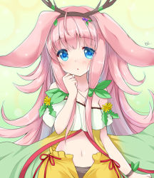 Rule 34 | 1girl, animal ears, antlers, blue eyes, blush, breasts, cleavage, clenched hand, gradient skirt, green background, hair ornament, hand up, horns, jewelry, long hair, looking at viewer, midriff, miyamori raira, navel, necklace, pink hair, rabbit ears, sennen sensou aigis, sidelocks, simple background, solo, standing, very long hair, wristband