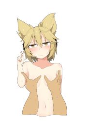 Rule 34 | 1girl, absurdres, agu (antyosan), blonde hair, blush, breasts, closed mouth, completely nude, earmuffs, frown, hair between eyes, twirling hair, highres, navel, nude, pointy hair, short hair, simple background, small breasts, solo focus, sweat, touhou, toyosatomimi no miko, white legwear, yellow eyes