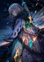 Rule 34 | 1boy, blue eyes, bug, burning, butterfly, butterfly wings, ears visible through hair, fate/grand order, fate (series), grasshopper, grey hair, highres, insect, insect wings, looking back, male focus, oberon (fate), oberon (third ascension) (fate), ozadomi, signature, spoilers, twilight, wings