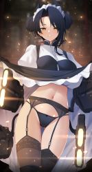 Rule 34 | 1girl, absurdres, agent (girls&#039; frontline), asymmetrical hair, black dress, black hair, black panties, black thighhighs, bow, bow panties, breasts, cameltoe, clothes lift, double bun, dress, dress lift, garter belt, girls&#039; frontline, gluteal fold, hair bun, highres, large breasts, lifting own clothes, maid, maid headdress, navel, panties, puffy short sleeves, puffy sleeves, sangvis ferri, shirt, short sleeves, skindentation, solo, thighhighs, underwear, white shirt, yellow eyes, z.taiga