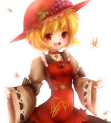Rule 34 | 1girl, :d, aki minoriko, amano jack, bad id, bad pixiv id, blonde hair, choker, female focus, hat, highres, leaf, open mouth, red eyes, short hair, simple background, smile, solo, torii, touhou, upper body, white background, wide sleeves