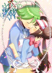 Rule 34 | 1boy, 1girl, :d, absurdres, blue jacket, blush, bow, breasts, brown hair, closed eyes, closed mouth, collared shirt, commentary request, commission, creatures (company), double bun, dress shirt, game freak, green hair, green pants, hair bun, hetero, highres, hug, jacket, kou hiyoyo, long hair, medium breasts, nintendo, open mouth, pants, pink bow, pixiv commission, pokemon, pokemon bw2, pokemon oras, rosa (pokemon), shirt, skirt, smile, striped background, twintails, very long hair, visor cap, wally (pokemon), white headwear, white shirt, yellow skirt