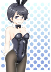 Rule 34 | 10s, 1girl, animal ears, black eyes, black hair, bow, bowtie, covered navel, detached collar, ekibyou, fake animal ears, female focus, kantai collection, looking at viewer, mogami (kancolle), pantyhose, playboy bunny, rabbit ears, short hair, solo, wavy mouth, wrist cuffs