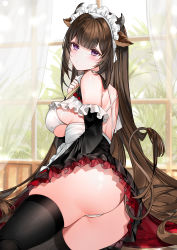 Rule 34 | 1girl, animal ears, ass, azur lane, black skirt, black thighhighs, blunt bangs, blush, breasts, brown hair, closed mouth, cow ears, cow horns, cow tail, curtains, detached sleeves, from behind, highres, horns, indoors, kashino (azur lane), kashino (maid for mayhem) (azur lane), large breasts, long hair, long sleeves, looking at viewer, maid headdress, panties, purple eyes, skirt, solo, tail, thighhighs, underwear, very long hair, white panties, wind, yukineko1018