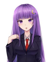 Rule 34 | 1girl, alternate costume, blunt bangs, blush, breasts, collar, commentary, cosplay, danraz0r, english commentary, long hair, looking at viewer, medium breasts, necktie, open mouth, patchouli knowledge, purple eyes, purple hair, red necktie, reisen udongein inaba, reisen udongein inaba (cosplay), school uniform, simple background, solo, touhou, upper body, very long hair, white background