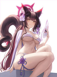 Rule 34 | 1girl, animal ear fluff, animal ears, bikini, blue archive, breasts, closed mouth, fang, fang out, flower, fox ears, fox girl, fox mask, fox tail, hair flower, hair ornament, halo, hashtag-only commentary, holding, holding mask, large breasts, legs, looking at viewer, mask, melt (melt out1), navel, official alternate costume, red halo, simple background, solo, swimsuit, tail, thighs, wakamo (blue archive), wakamo (swimsuit) (blue archive), white background, white bikini, yellow eyes