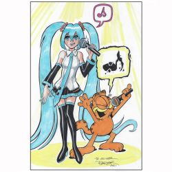 Rule 34 | 1girl, 2021, absurdres, black footwear, black skirt, blue eyes, blue hair, blue necktie, boots, breasts, cat, collared shirt, commentary, crossover, detached sleeves, english commentary, garfield, garfield (character), gary barker, hatsune miku, highres, holding, holding microphone, marker (medium), medium breasts, microphone, musical note, necktie, shirt, signing, skirt, speech bubble, spoken musical note, thigh boots, thighhighs, traditional media, twintails, vocaloid, white shirt