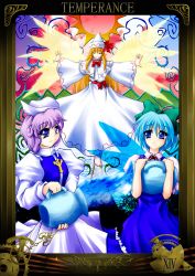 Rule 34 | 3girls, blonde hair, blue dress, blue eyes, blue hair, bow, bowtie, cirno, crystal, dress, female focus, hat, ice, ice wings, jar, letty whiterock, light purple hair, lily white, long sleeves, looking at viewer, mob cap, multiple girls, outstretched arms, puffy short sleeves, puffy sleeves, red bow, red bowtie, short sleeves, splashing, tarot, tarot (medium), tate eboshi, temperance (tarot), touhou, water, wings