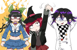 Rule 34 | 1boy, 2girls, angry, arms at sides, bell, black hair, blue shirt, blue skirt, bow, breasts, buttons, chabashira tenko, checkered clothes, checkered scarf, choker, commentary request, danganronpa (series), danganronpa v3: killing harmony, double-breasted, energy, furukawa (yomawari), green eyes, grey vest, hair ornament, hairband, hand up, hat, highres, holding hands, jacket, large breasts, layered skirt, long hair, long sleeves, looking at another, midriff, mole, mole under mouth, multiple girls, navel, open mouth, oma kokichi, pink choker, pleated skirt, purple hair, red hair, red skirt, ribbon, scarf, school uniform, shaded face, shirt, short hair, simple background, skirt, stomach, straitjacket, twintails, vest, white background, white bow, white jacket, witch hat, yumeno himiko