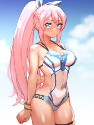 Rule 34 | 1girl, blue eyes, blue sky, blue one-piece swimsuit, breasts, closed mouth, cloud, covered navel, day, folks (nabokof), long hair, looking at viewer, medium breasts, one-piece swimsuit, pink hair, ponytail, shionne (tales), sky, solo, swimsuit, tales of (series), tales of arise, thighs, two-tone swimsuit, white one-piece swimsuit