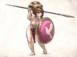 Rule 34 | 1girl, aspis, baldric, barefoot, bird, brown hair, convenient censoring, corinthian helmet, dove, helmet, highres, holding, holding polearm, holding weapon, hoplite, ironlily, nude, original, polearm, shield, simple background, solo, spear, sword, toned, weapon