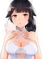Rule 34 | 1girl, absurdres, azur lane, black hair, breasts, brown eyes, cleavage, collarbone, flower, hair flower, hair ornament, hair ribbon, highres, huge filesize, kep (ahokep), large breasts, long hair, looking at viewer, one-piece swimsuit, open mouth, ribbon, solo, swimsuit, takao (azur lane), takao (beach rhapsody) (azur lane), translated, white background, white one-piece swimsuit