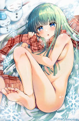Rule 34 | 1girl, blue eyes, blunt bangs, blush, breasts, breath, feet, green hair, highres, long hair, looking at viewer, lying, medium breasts, naked scarf, nude, on back, open mouth, original, red scarf, scarf, shindoi akio, snow, snowflakes, snowman, soles, solo, twitter username, very long hair