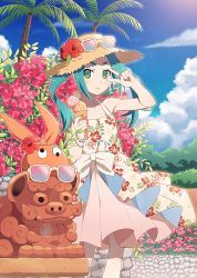 Rule 34 | 1girl, aqua hair, artist request, closed mouth, day, dress, eyebrows, eyewear on headwear, floral print, flower, food, green eyes, hat, hat flower, hibiscus, highres, ice cream, ice cream cone, looking at viewer, monogatari (series), nail polish, official art, ononoki yotsugi, palm tree, red nails, short eyebrows, solo, source request, straw hat, sun hat, sundress, sunglasses, thick eyebrows, tree, tropical, twintails, v, v over eye