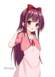 Rule 34 | 1girl, alternate costume, bad id, bad pixiv id, blush, bow, brown eyes, collarbone, dress, frilled shirt, frills, hair bow, hairband, hand in own hair, hand up, hoshino kagari, kamikaze (kancolle), kantai collection, long hair, looking at viewer, parted lips, pink dress, pink shirt, puffy short sleeves, puffy sleeves, purple hair, red bow, red hairband, shirt, short sleeves, simple background, solo, twitter username, very long hair, white background