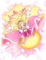 Rule 34 | 1girl, :d, arms up, blonde hair, blush, bow, brooch, cure flora, earrings, eyebrows, flower, flower earrings, from above, full body, gloves, go! princess precure, green eyes, haruno haruka, jewelry, kazuma muramasa, long hair, magical girl, multicolored hair, open mouth, pink bow, pink hair, pink skirt, precure, shoes, skirt, smile, solo, standing, streaked hair, thick eyebrows, two-tone hair, waist bow, white footwear, white gloves