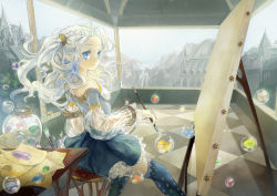 Rule 34 | 1girl, art brush, bare shoulders, blue eyes, braid, canvas (object), crystal, dress, easel, elf, jane mere, long hair, oekaki musume, original, paintbrush, painting (action), pale color, pointy ears, scenery, see-through, sitting, skirt, solo, surreal, thighhighs, twintails, white hair, zettai ryouiki