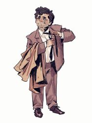 Rule 34 | 1boy, beard stubble, closed mouth, coat, collared shirt, columbo, lieutenant columbo, facial hair, full body, highres, jacket, lackadaisycal-art, looking to the side, loose necktie, male focus, messy hair, necktie, pants, shirt, shoes, smile, solo, standing, stubble, white background