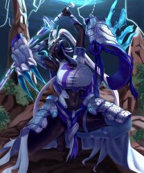 Rule 34 | 1girl, absurdres, barefoot, blue eyes, bodysuit, breasts, cleavage, covered eyes, dragon, dragon girl, feet, female focus, glowing, glowing weapon, helmet, helmet over eyes, highres, jyx3, large breasts, lightning, lightning bolt symbol, long hair, looking at viewer, mask, mask on head, mask over one eye, mountain, mouth mask, no shoes, purple skirt, rock, skirt, solo, solo focus, sword, swordsoul (yu-gi-oh!), swordsoul of mo ye, thick thighs, thighhighs, thighs, tree, weapon, white hair, wielding weapon, yu-gi-oh!