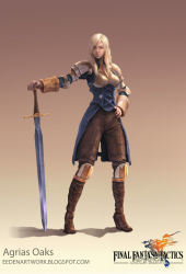 Rule 34 | 1girl, agrias oaks, armor, blonde hair, blue eyes, boobplate, boots, braid, breastplate, breasts, character name, copyright name, expressionless, female knight, final fantasy, final fantasy tactics, final fantasy tactics advance, gloves, gradient background, hand on own hip, highres, knee boots, knee pads, knight, long hair, looking at viewer, pants, pauldrons, realistic, shoulder armor, shoulder pads, single braid, solo, standing, sword, watermark, weapon, web address