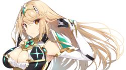Rule 34 | 1girl, adjusting hair, armpits, breasts, cleavage, commentary request, elbow gloves, gloves, hairband, light brown hair, long hair, looking at viewer, mythra (xenoblade), nintendo, simple background, solo, upper body, white background, white gloves, xenoblade chronicles (series), xenoblade chronicles 2, xenoblade chronicles (series), xenoblade chronicles 2, yappen