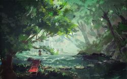 Rule 34 | beach chair, deck chair, forest, highres, lake, lantern, nature, no humans, original, outdoors, scenery, stepping stones, syo5, table, tree, water, waterfall