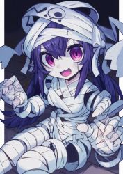 Rule 34 | 1girl, :d, bags under eyes, bandaged head, bandages, blush, disembodied hand, fang, frills, ghost pose, highres, invisible, ketopon, knees together feet apart, long hair, looking to the side, monster girl, no arms, on ground, open mouth, original, purple eyes, purple hair, ribbon, sitting, skin fang, smile, stitched face, stitches, stone floor, v-shaped eyebrows, very long hair