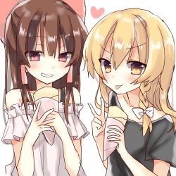 Rule 34 | &gt;:p, 2girls, :p, bad id, bad twitter id, blonde hair, blush, bow, braid, brown hair, casual, commentary, contemporary, crepe, food, grin, hair bow, hair tubes, hakurei reimu, heart, highres, kirisame marisa, looking at viewer, multiple girls, rbtt, red eyes, side braid, single braid, smile, tongue, tongue out, touhou, tsurime, v, v-shaped eyebrows, yellow eyes