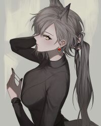 Rule 34 | 1girl, animal ear fluff, animal ears, arknights, black nails, black shirt, breasts, brown hair, commentary request, earrings, extra ears, eyelashes, frown, gae tteok00, grey background, hand up, highres, holding hair tie, jewelry, korean commentary, large breasts, long hair, long sleeves, looking at viewer, mole, mole above eye, nail polish, penance (arknights), shirt, simple background, slit pupils, solo, tail, tying hair, upper body, wolf ears, wolf girl, wolf tail, yellow eyes