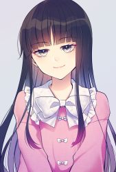Rule 34 | 1girl, black eyes, black hair, blunt bangs, bow, bowtie, collared shirt, flat chest, highres, hime cut, houraisan kaguya, japanese clothes, kaede (mmkeyy), lips, long hair, long sleeves, looking at viewer, pink shirt, shirt, simple background, touhou, very long hair, white bow, white neckwear, wide sleeves