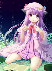 Rule 34 | 1girl, animal ears, bad id, bad nicoseiga id, blush, book, bow, cat ears, cat girl, cat tail, clover, crescent, fang, female focus, hair bow, hat, highres, kemonomimi mode, long hair, looking at viewer, open book, open mouth, patchouli knowledge, paw pose, purple eyes, purple hair, shiramori yuse, sitting, solo, tail, touhou, very long hair, wariza