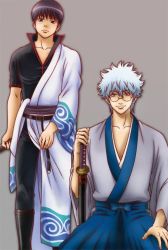 Rule 34 | 2boys, artist request, bespectacled, black hair, brown eyes, cosplay, costume switch, gintama, glasses, japanese clothes, katana, male focus, multiple boys, red eyes, sakata gintoki, sakata gintoki (cosplay), sheath, sheathed, shimura shinpachi, shimura shinpachi (cosplay), silver hair, sword, weapon