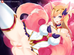 Rule 34 | 1girl, :d, ahri (league of legends), animal ears, bare shoulders, blonde hair, breasts, cleavage cutout, clothing cutout, eyes visible through hair, fox ears, fox tail, hair ornament, large breasts, league of legends, long hair, looking at viewer, nail polish, no panties, open mouth, patreon logo, patreon username, pink nails, purple background, purple eyes, pussy, red nails, smile, solo, spread legs, star guardian (league of legends), star guardian ahri, tail, thighhighs, tofuubear, uncensored, white thighhighs