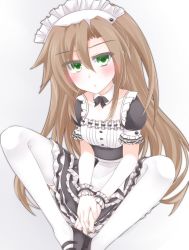 Rule 34 | amoti moti, apron, breasts, brown hair, collar, cuffs, dress, frown, green eyes, hairband, highres, if (neptunia), leggings, long hair, maid, neptune (series), ribbon, shoes, sidetail, small breasts, uniform