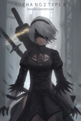 Rule 34 | 1girl, 2b (nier:automata), arms at sides, artist name, black blindfold, black dress, black gloves, black hairband, blindfold, breasts, cleavage, cleavage cutout, closed mouth, clothing cutout, commentary, covered eyes, deviantart username, dress, facing viewer, feather-trimmed sleeves, gloves, grey hair, hairband, highres, juliet sleeves, lips, long sleeves, medium breasts, nier:automata, nier (series), puffy sleeves, short hair, solo, sword, turtleneck, turtleneck dress, vambraces, watermark, weapon, web address, zienu