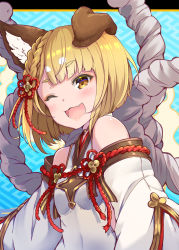 Rule 34 | 1girl, ;d, animal ear fluff, animal ears, blonde hair, blue background, blush, braid, brown eyes, commentary request, detached sleeves, dog ears, dress, erune, fang, granblue fantasy, hair ornament, highres, long sleeves, looking at viewer, one eye closed, open mouth, pilokey, short hair, sleeveless, sleeveless dress, smile, solo, thick eyebrows, upper body, vajra (granblue fantasy), white dress, white sleeves