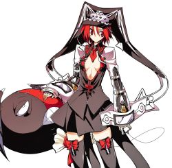 Rule 34 | 10mo, 1girl, arc system works, black thighhighs, bow, breasts, cleavage, doll, female focus, guilty gear, hat, jester cap, no bra, open clothes, open shirt, red eyes, red hair, shirt, short hair, solo, thighhighs, unzipped, valentine (guilty gear), white background, zettai ryouiki