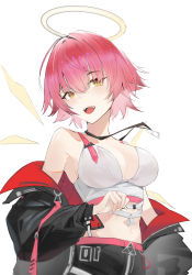 Rule 34 | 1girl, absurdres, arknights, black jacket, black shorts, breasts, cleavage, clothes pull, crop top, curryzcy, exusiai (arknights), hair between eyes, halo, highres, jacket, jacket pull, looking at viewer, medium breasts, open clothes, open jacket, open mouth, red hair, short hair, shorts, smile, solo, tank top, teeth, upper body, upper teeth only, white background, white tank top, yellow eyes