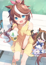 Rule 34 | 1girl, :d, animal ears, bare shoulders, bench, bendy straw, blue eyes, blush, brown hair, character doll, clothing cutout, collarbone, commentary request, cup, day, dress, drinking straw, hair between eyes, hair ribbon, highres, holding, holding cup, horse ears, horse girl, horse tail, kani biimu, long hair, looking at viewer, mejiro mcqueen (umamusume), multicolored hair, on bench, open mouth, outdoors, outstretched arm, park bench, pink ribbon, ponytail, ribbon, school uniform, shoulder cutout, sitting, smile, solo, streaked hair, symboli rudolf (umamusume), tail, tokai teio (umamusume), tracen school uniform, umamusume, very long hair, white hair, yellow dress