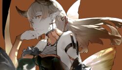 Rule 34 | 1girl, arcaea, arm belt, back bow, bare shoulders, belt, black belt, black dress, black sleeves, blonde hair, blunt bangs, bow, braid, closed mouth, collar, colored eyelashes, cross, cross earrings, demon horns, detached collar, detached sleeves, dress, earrings, expressionless, fingernails, fishnet dress, floating hair, fur-trimmed sleeves, fur trim, hair ribbon, hand on own chin, high collar, horns, jewelry, layered sleeves, lethe (arcaea), lobelia (saclia), long hair, long sleeves, orange background, orange bow, orange collar, orange eyes, orange sleeves, pale skin, palms, pointy ears, red ribbon, ribbon, side braid, sleeveless, sleeveless dress, sleeves past wrists, solo, upper body, yellow horns