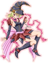 Rule 34 | 1girl, bare shoulders, blonde hair, blush, boots, bow, breasts, cellphone, chain, covered navel, detached sleeves, dress, duel monster, female focus, gagaga girl, hair between eyes, hat, holding, knee boots, kneehighs, legs, looking at viewer, no bra, open mouth, outline, ozaneko, phone, red eyes, shiny clothes, shiny skin, short hair, sideboob, simple background, skull, sleeves past wrists, small breasts, socks, solo, white background, witch hat, wizard hat, yu-gi-oh!, yu-gi-oh! duel monsters