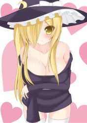 Rule 34 | 1girl, alternate costume, bare shoulders, blonde hair, blush, bow, breasts, chimunge, cleavage, collarbone, crescent, hair over one eye, hat, hat bow, heart, heart background, highres, kirisame marisa, kirisame marisa (pc-98), large breasts, long hair, long sleeves, looking at viewer, naked sweater, off-shoulder, off-shoulder sweater, off shoulder, smile, solo, sweater, thighhighs, touhou, touhou (pc-98), white thighhighs, witch hat, yellow eyes, zettai ryouiki