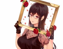 Rule 34 | 1girl, :d, black dress, black gloves, breasts, brown hair, character request, cleavage, dress, flower, gloves, hands up, holding, large breasts, open mouth, picture frame, puffy short sleeves, puffy sleeves, red eyes, red flower, red rose, rose, sasamori tomoe, see-through, semi-rimless eyewear, short sleeves, simple background, smile, solo, succubus stayed life, under-rim eyewear, upper body, white background